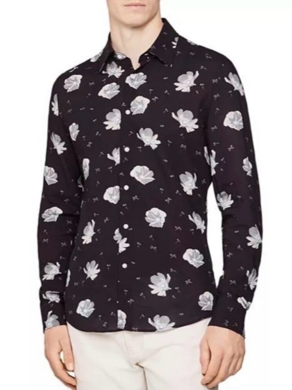 Reiss Navy slim fit Phoenix Floral-Print Long Sleeve Dress Shirt